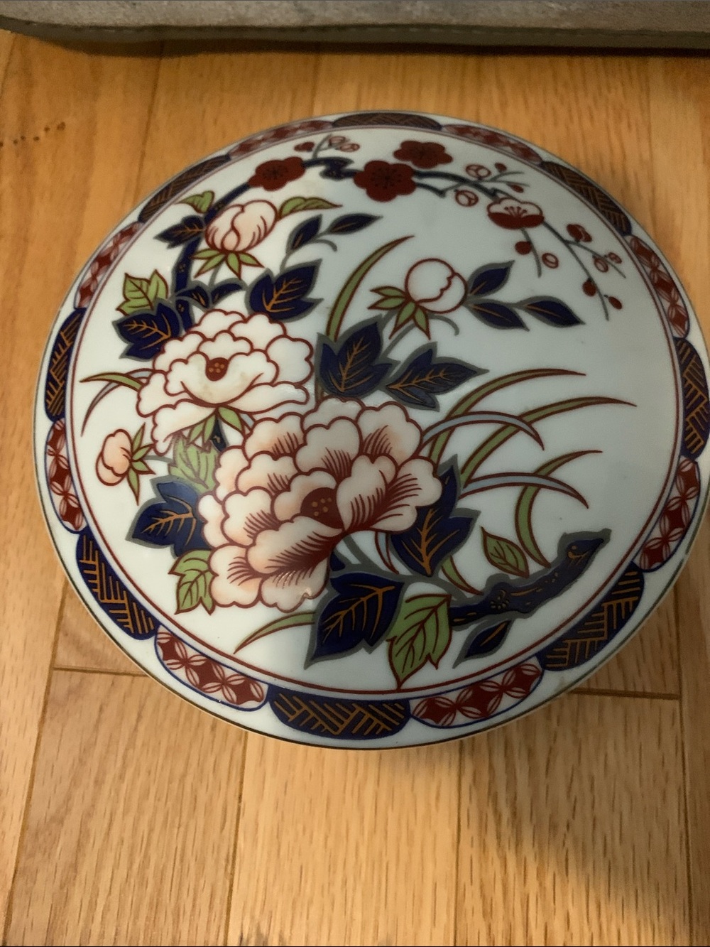 Vintage Decorative Floral Porcelain Trinket Box - Blue, Red & Green